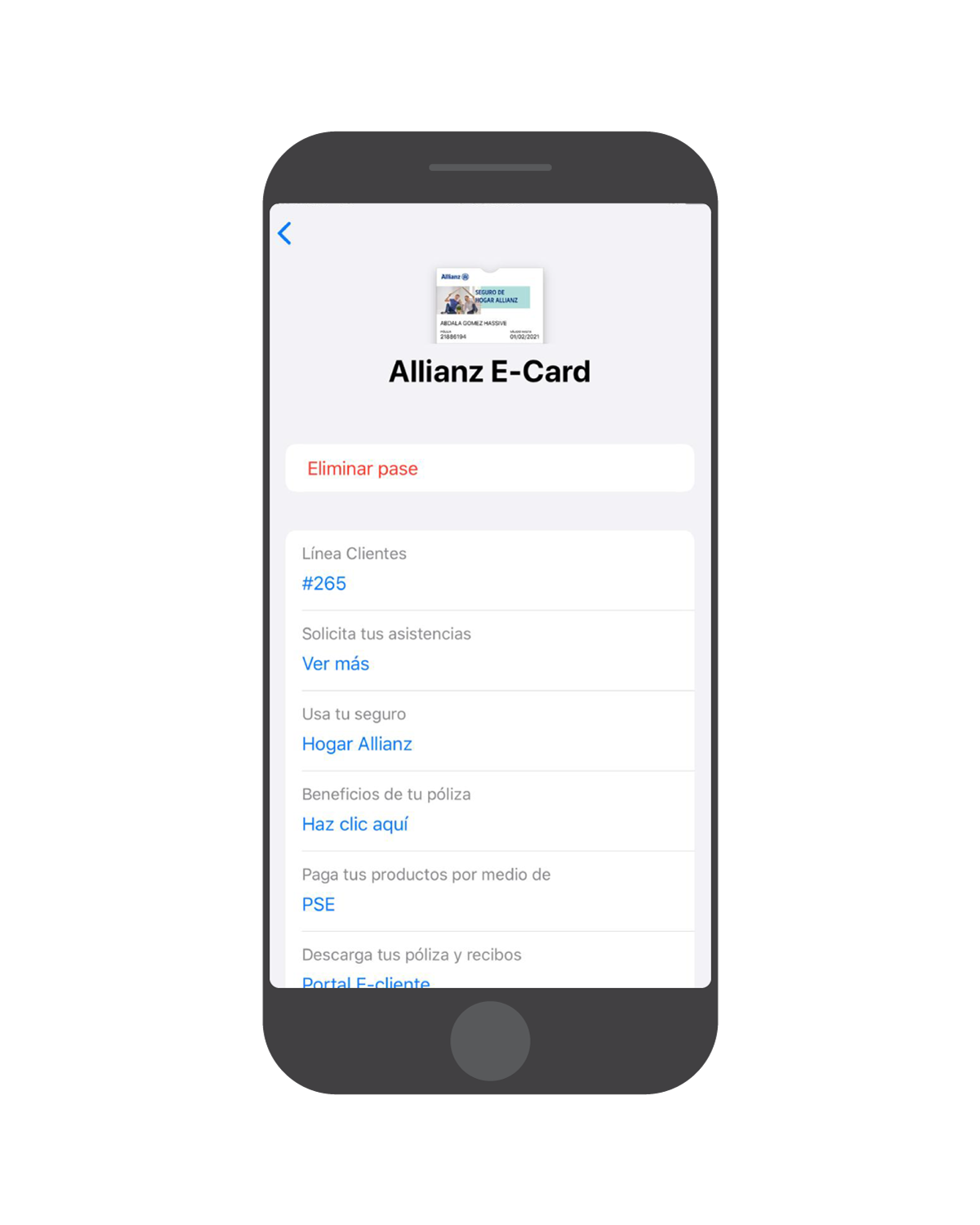 Smartphone con información sobre Allianz E-Card Hogar
